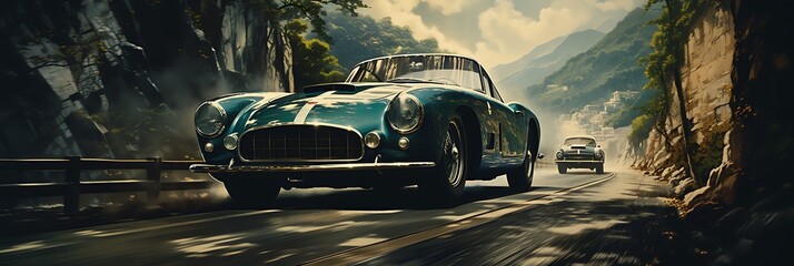 A vintage car racing down a winding road