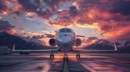 private business jet parked at the airport at the foot of the mountains in the rays of a summer sunset