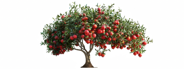 apple tree with red fruit on the branches, white background, cutout photo of a green apple orchard tree isolated on a transparent or blank background for design and decoration. png.