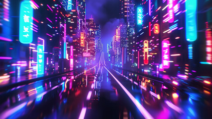 Render a road that travels through a city of neon lights, with bright colors and flashing signs illuminating the night