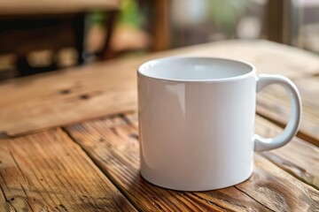 A plain white ceramic mug mock-up on a wooden table
