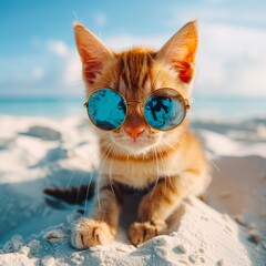 Chilled out ginger feline with trendy sunglasses relaxing on a sunny sandy beach