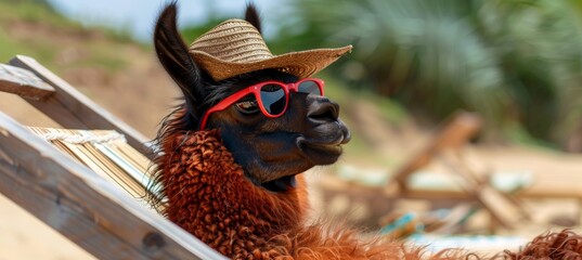 Llama in hat and sunglasses sunbathing on beach, ideal for vacation concept with space for text