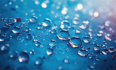 Water Droplets on a blue surface, close-up