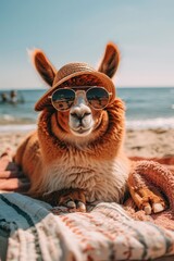 Naklejka premium Stylish llama relaxing on beach in sunglasses and hat, symbolizing vacation joy with room for text