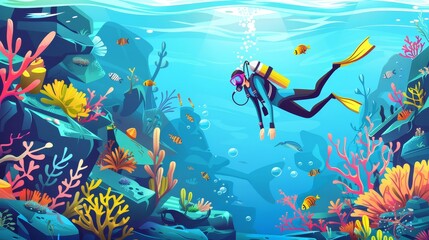 Various aquatic plants and fauna and girl in diving suit swimming underwater in sea. Cartoon illustration of ocean bottom landscape with stones and tropical aquatic plants.