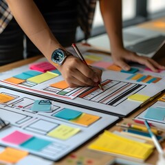 A person is drawing on a piece of paper with a pen. The paper has a colorful design with squares and circles