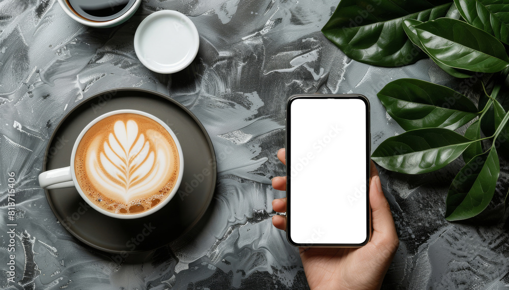 Poster man holding and using blank white mobile phone with full screen on table in coffee shop, top view. m