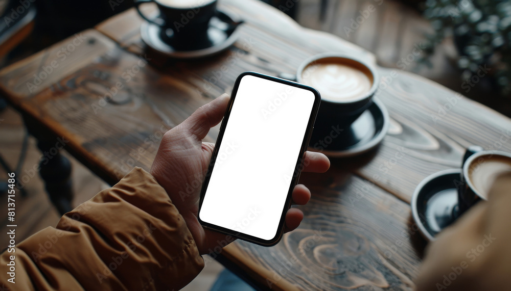 Poster a man holding a blank white mobile phone with a full screen placed on a table in a coffee shop, pres