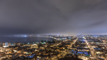 Panoramic skyline of Lima city from above with many buildings aerial night to day transition timelapse. Lima, Peru