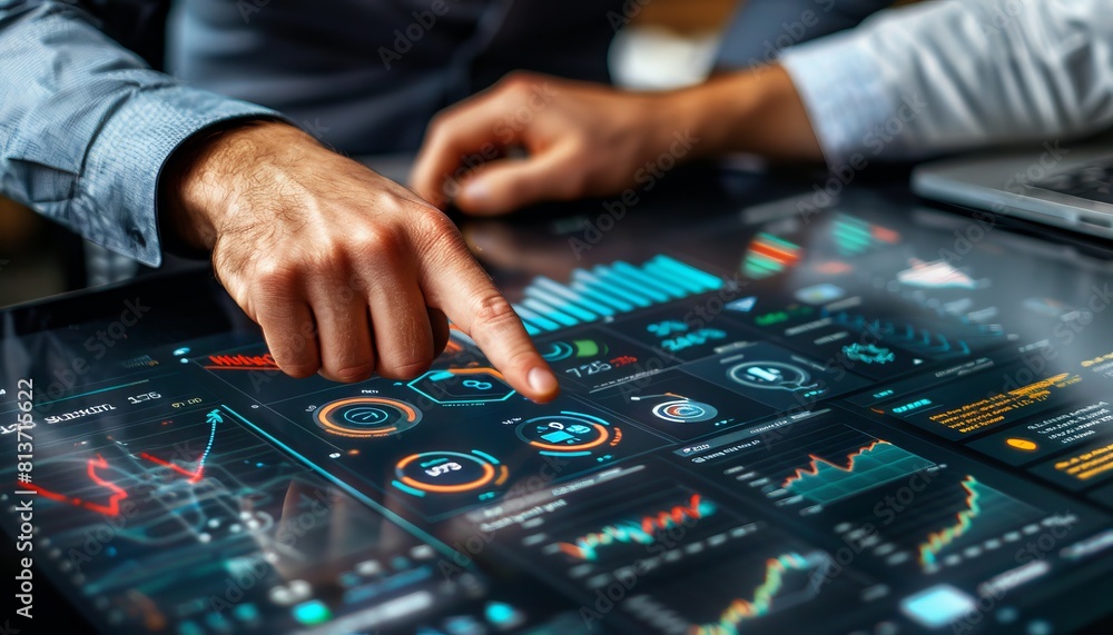 Aufkleber The use of a virtual screen adds a modern and tech-savvy element, highlighting the integration of technology in global business operations