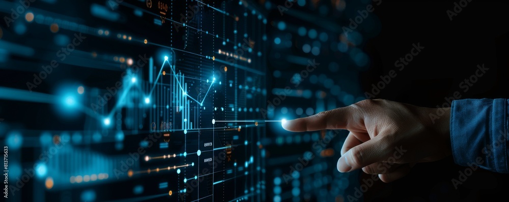 Poster businessman hand pointing at virtual screen with growth graph chart and rising line of stock market 