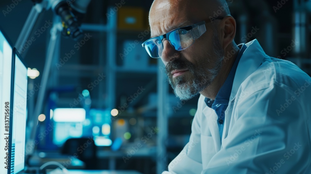 Poster an industrial engineer solving a problem on a computer in an office within a modern factory with sop