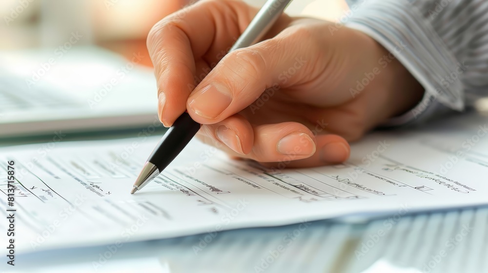 Poster close - up of hands holding pen and paper with strategy written on it, placed on a transparent backg