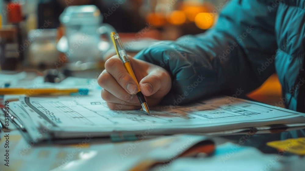 Aufkleber close - up of hands holding pen and paper with strategy written on it, surrounded by various objects
