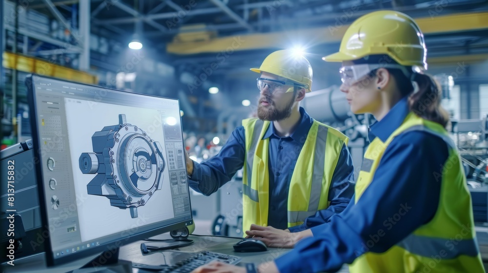 Poster female project supervisor explains machine part features to male industrial engineer by illustrating