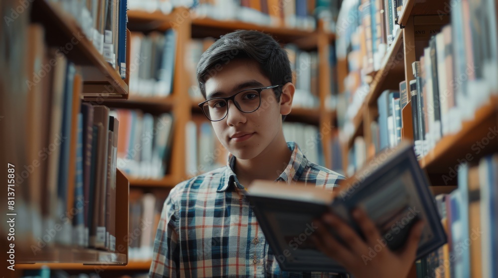 Poster hispanic university library: portrait of focused and talented hispanic boy wearing glasses picking o