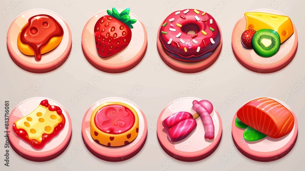 Poster an isolated 2d modern set of food app icons, round buttons, and cartoon menu interface. gui texture 