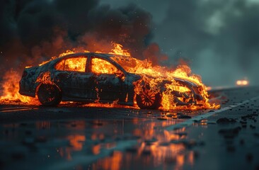 Car engulfed in flames on road