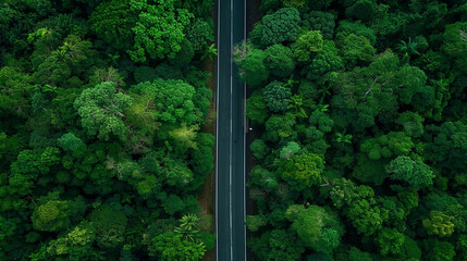 Aerial view asphalt road and green forest, Forest road going through forest view from above, Ecosystem and ecology healthy environment concept and background, Road in the middle of the forest