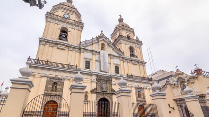 Exterior of the Basilica of San Pedro timelapse hyperlapse built by the Society of Jesus in the sixteenth century. Lima, Peru