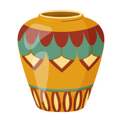 Colored ceramics vase. Porcelain vase for flowers, antique pottery, floral and abstract patterns. Vase pottery, floral pot, colorful jug. Trendy flat style isolated on white. Vector illustration