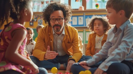 Naklejka premium In elementary school, a caring teacher explains science lessons to a class filled with diverse children.