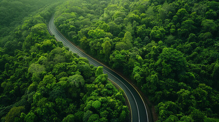 Aerial view asphalt road and green forest, Forest road going through forest view from above, Ecosystem and ecology healthy environment concept and background, Road in the middle of the forest