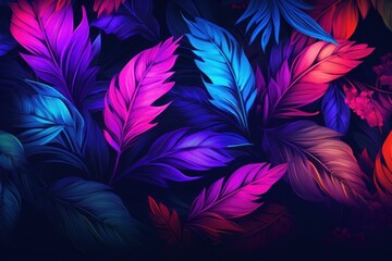 Digital artwork of colorful tropical leaves with a dark, moody backdrop