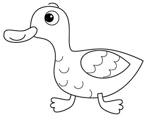 Cartoon happy farm animal cheerful duck bird running isolated background with sketch drawing illustration for children