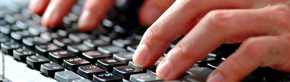 Poster close - up of hands typing on computer keyboard with online auction website in the background