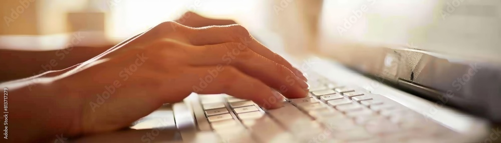 Poster close - up of hands typing on computer keyboard with online auction website in the background, featu