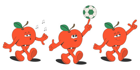 A set of cartoon groovy apple characters. Isolated on a white background. Retro style of the 60s-70s.Elements of the summer design of a poster, postcard, T-shirt print, sticker.Vector illustration.