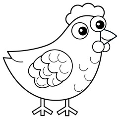 Cartoon happy farm animal cheerful hen chicken bird running isolated background with sketch drawing illustration for children