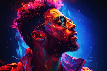 Vibrant neon glow man portrait with stylish digital art and artistic glow effect in modern. Contemporary. And edgy design. Featuring a male persona with a unique and trendy urban style. Colorful