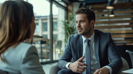 A handsome businessman wearing a suit with tie, sitting of a modern office lounge area, talking to businesswoman who sit at a table. generative AI - Powered by Adobe