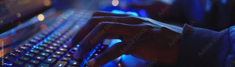 Poster close - up of hands typing on computer keyboard with online search engine in the background