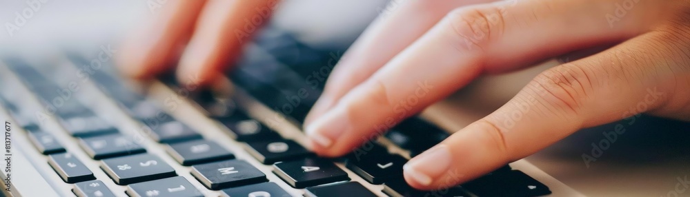 Poster close - up of hands typing on computer keyboard with online search engine in the background, featuri
