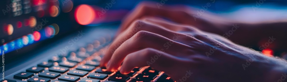 Poster close - up of hands typing on keyboard with strategy text, featuring a blurry hand and finger on the