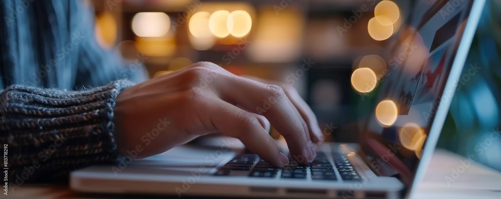 Poster close - up of hands typing on laptop keyboard with online shopping website in the background