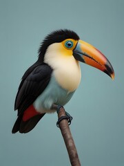 A Toucan bird is sitting on a blue background. AI generated image