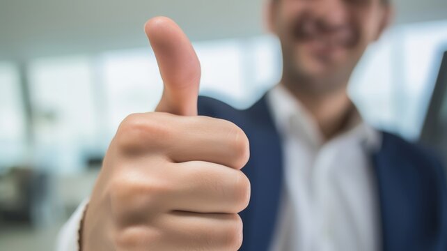 Bussinessman giving tumbs up in office blur background