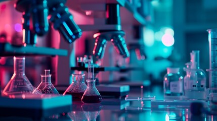 high-tech laboratory with a focus on cutting-edge equipment. Beakers, microscopes, and holographic screens are carefully arranged, emitting a soft glow. The overall tone is cool and sterile