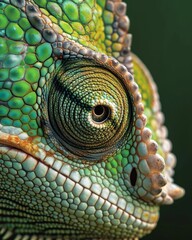 Fototapeta premium texture of a chameleon skin, where vibrant shades of green seamlessly transition into earthy browns. The reptile eye, with its piercing gaze