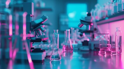 high-tech laboratory with a focus on cutting-edge equipment. Beakers, microscopes, and holographic screens are carefully arranged, emitting a soft glow. The overall tone is cool and sterile