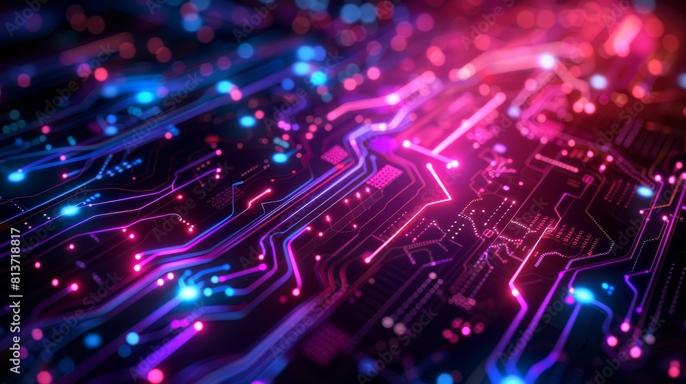 Poster abstract digital technology background with glowing circuits and lines.
