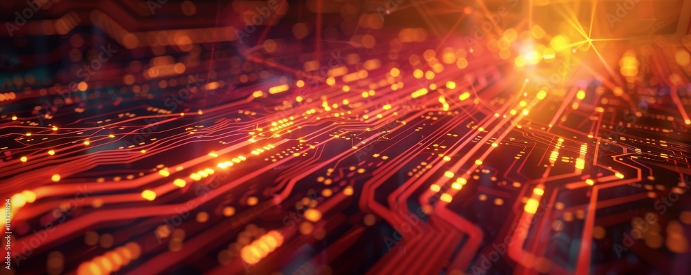 Poster abstract digital technology background with glowing circuits and lines.