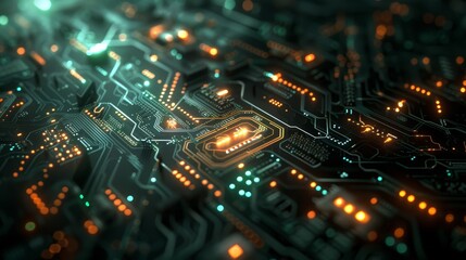 Abstract digital technology background with glowing circuits and lines.