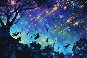 Obraz premium A magical night sky filled with fairies riding shooting stars, their silhouettes against a cosmic backdrop. The celestial color palette dreamy nightscapes