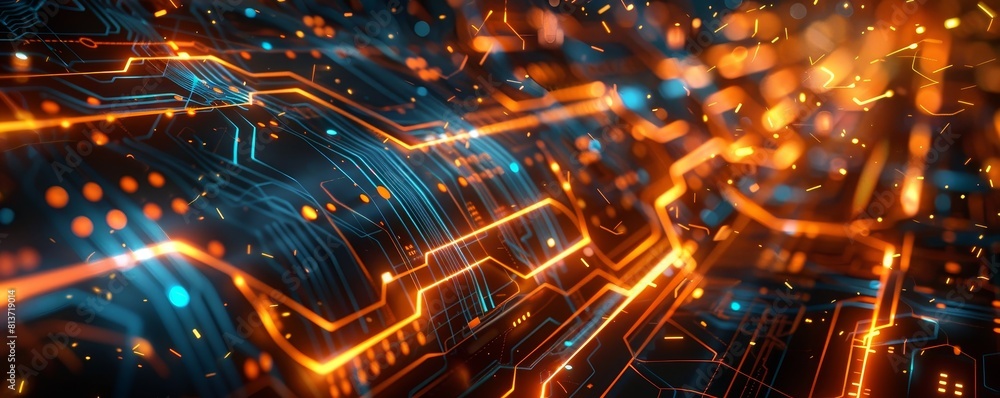 Poster abstract digital technology background with glowing circuits and lines.